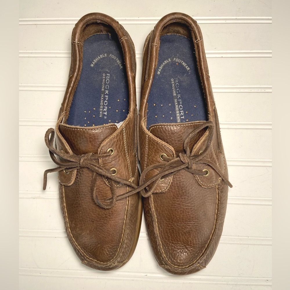 Rockport Mens Sz 11 M Brown Leather Genuine Handsewn Boat Shoes PreOwned Ex Cond - Picture 1 of 8